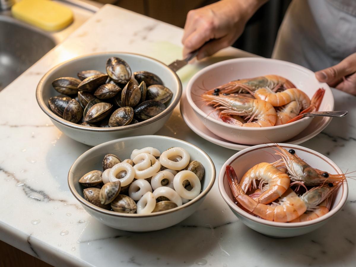 Paso 1: Limpiar el marisco. Limpia bien los mejillones, las almejas, los calamares y las gambas. Reserva por separado.