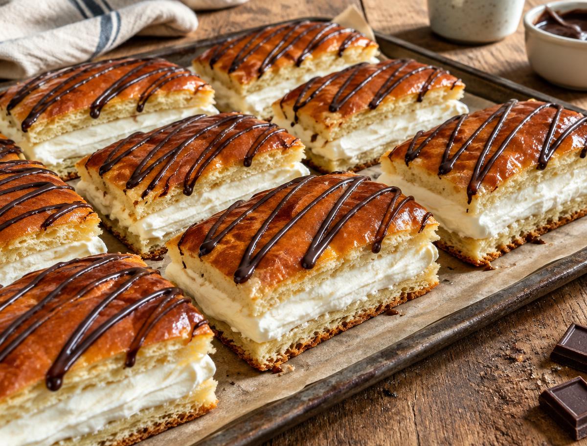 Paso 4: Hornear la masa a 170 °C durante unos 20 minutos. Dejar enfriar, cortar en tres capas, rellenar con la crema, recomponer y decorar con líneas de chocolate negro. Cortar en rectángulos y disfrutar.