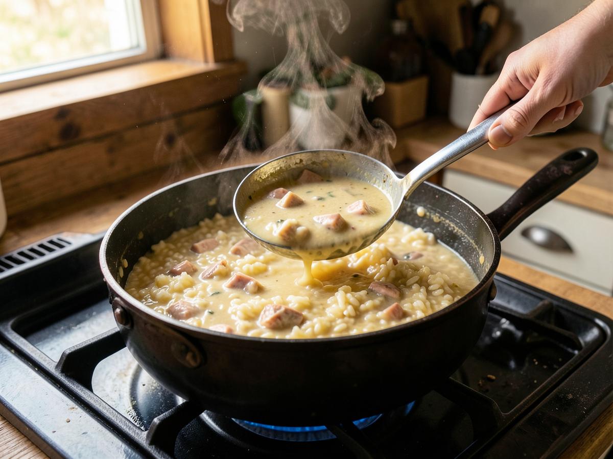 Paso 6: Cocinar el risotto. Añade el caldo de pescado caliente poco a poco, removiendo constantemente y dejando que el arroz absorba el líquido antes de añadir más.