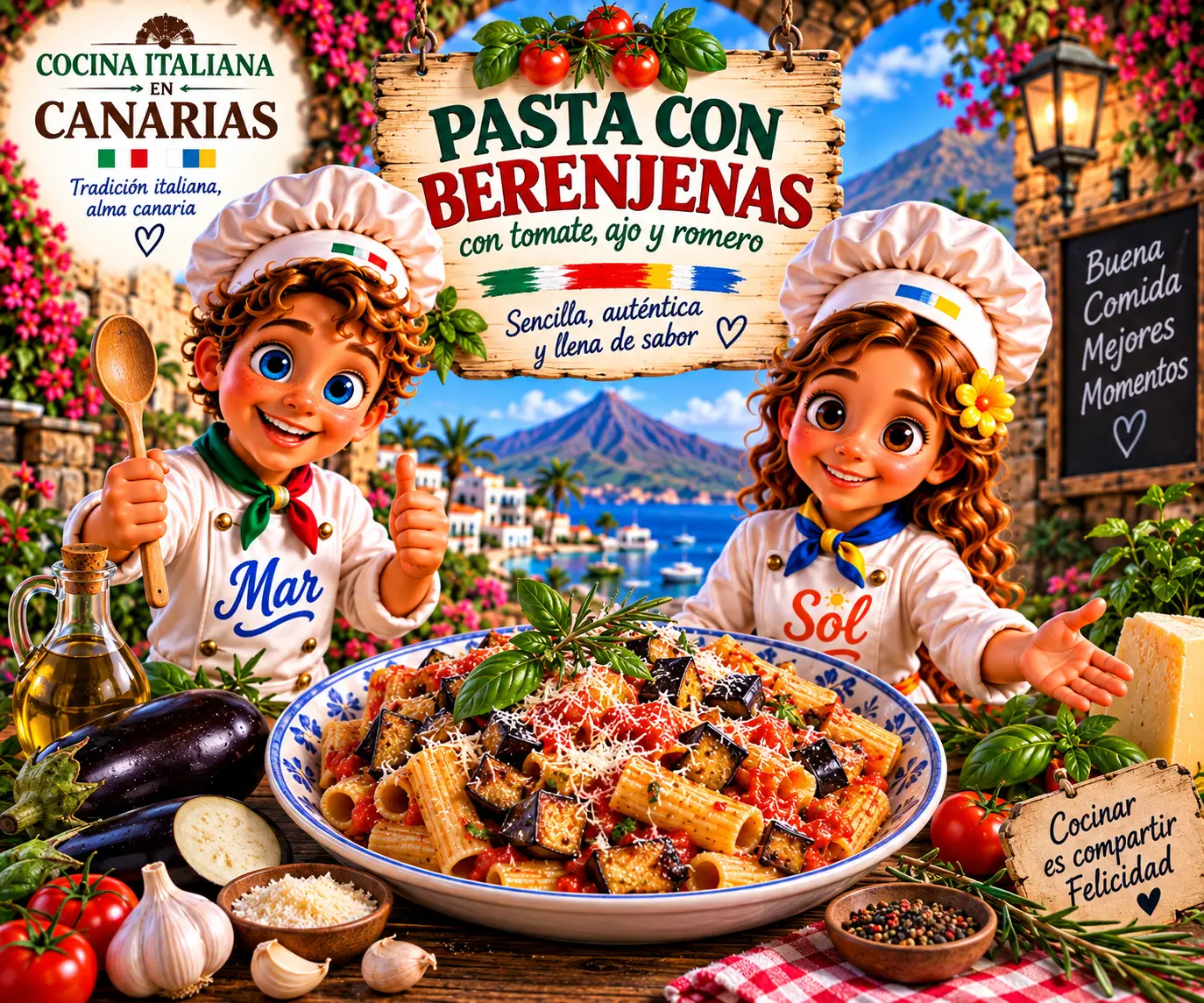 Pasta con berenjenas con los chefs Sol y Mar