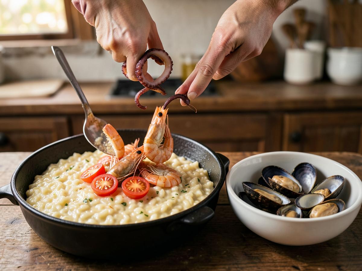Paso 7: Incorporar el marisco. A mitad de cocción, añade los calamares, las gambas y los tomates cherry. Unos minutos antes de terminar, incorpora los mejillones y las almejas.