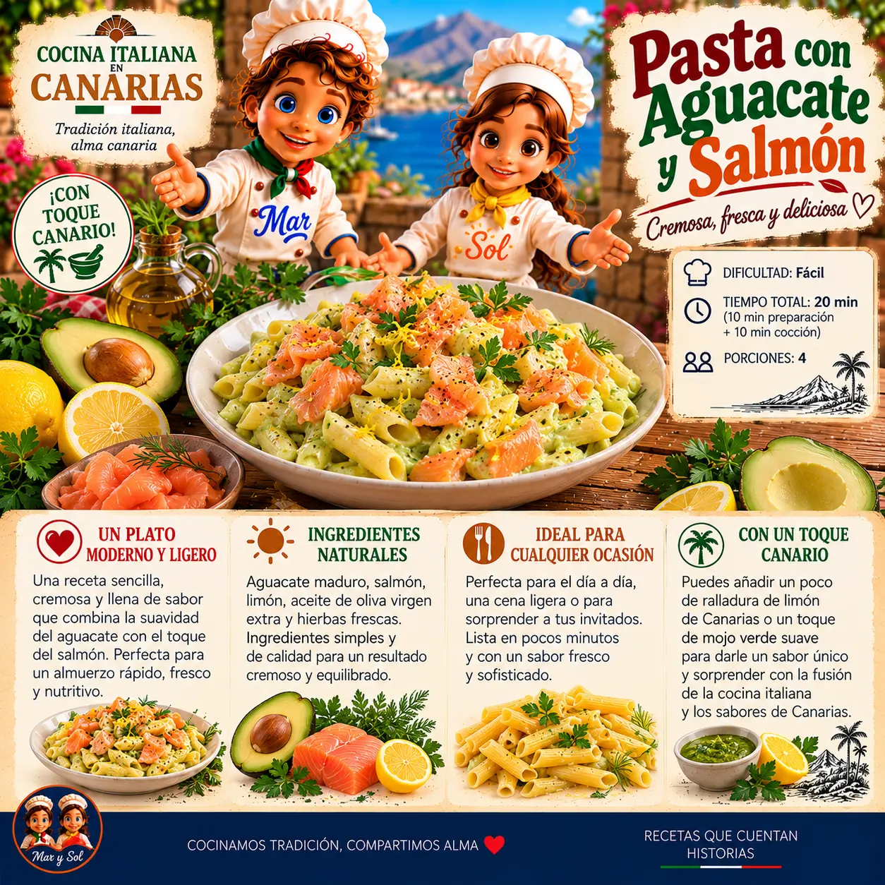 Pasta con Aguacate y Salmón con los chefs Sol y Mar