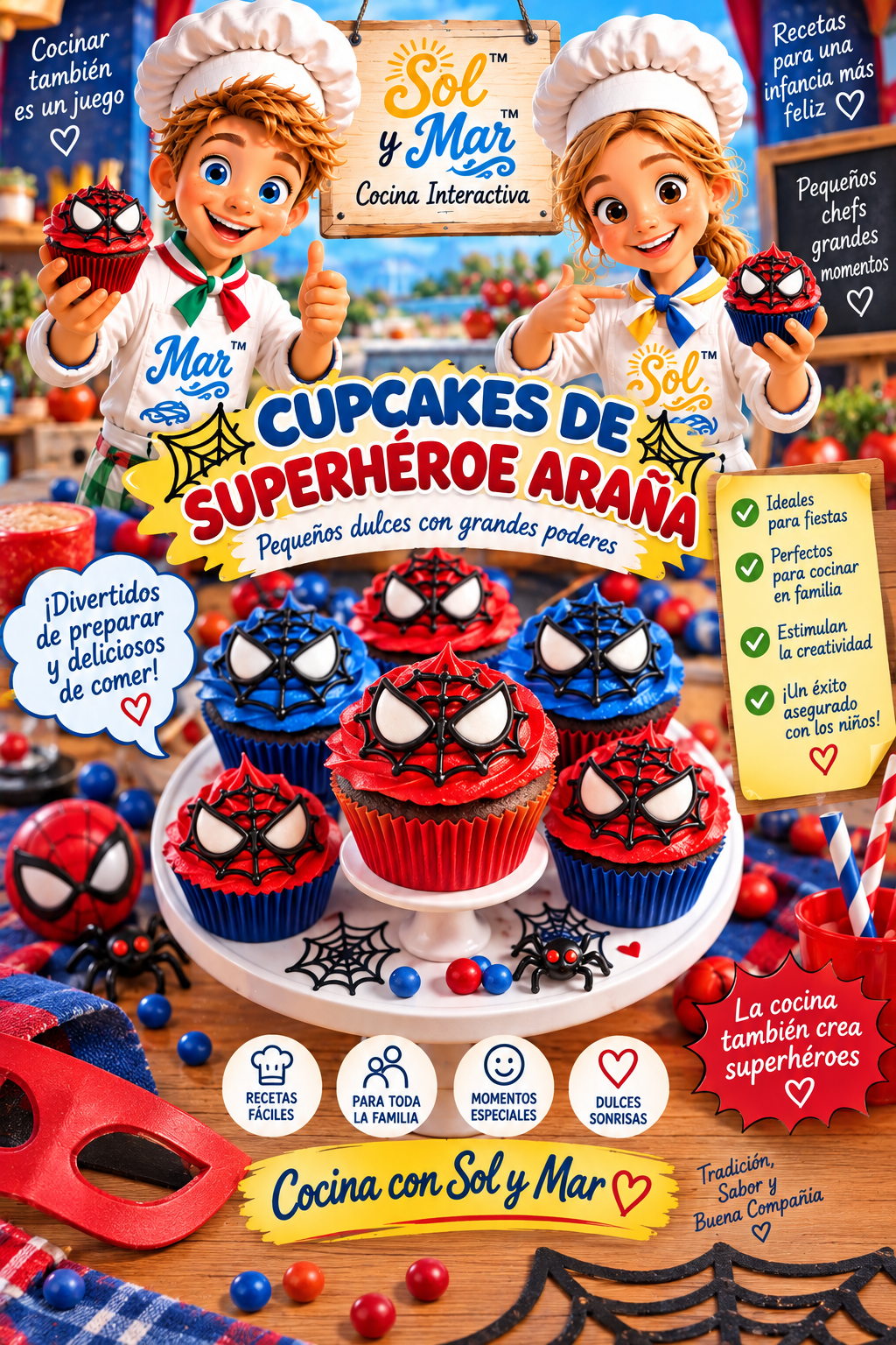 Cupcakes de Superhéroe Araña con los chefs Sol y Mar