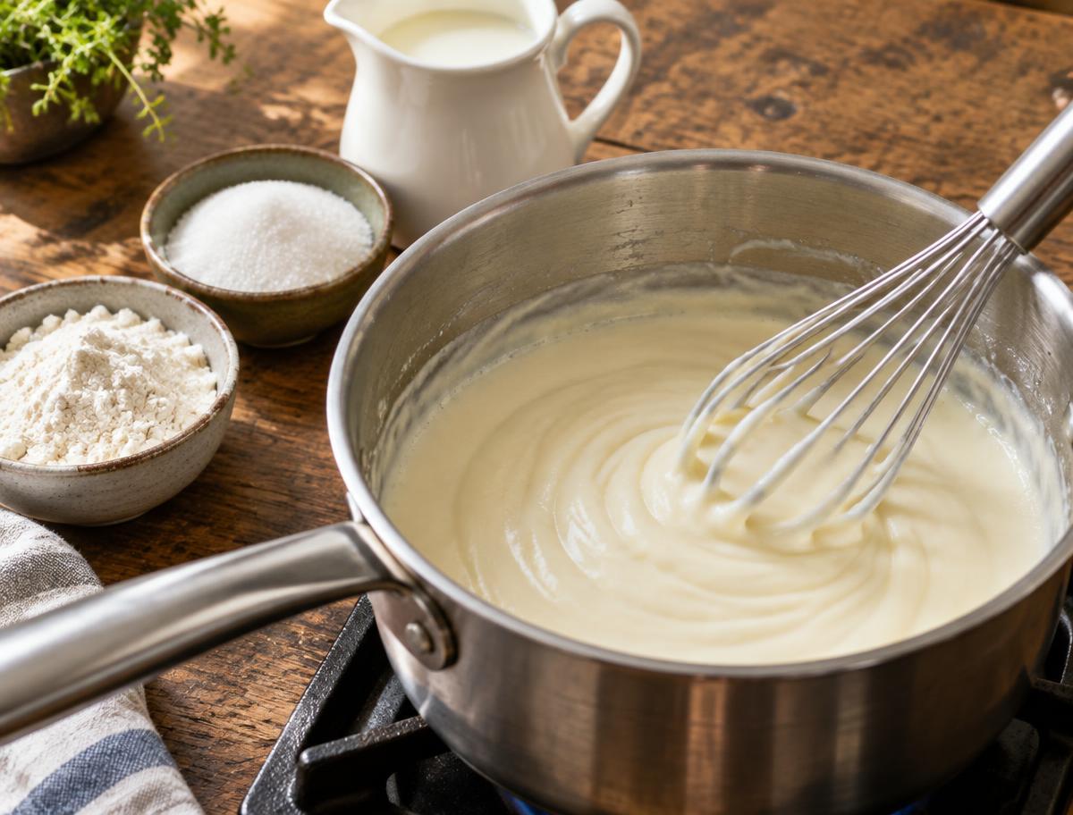 Paso 3: Para la crema, mezclar la harina y el azúcar con la leche poco a poco. Cocinar a fuego bajo hasta espesar. Dejar enfriar y mezclar con la nata montada azucarada.