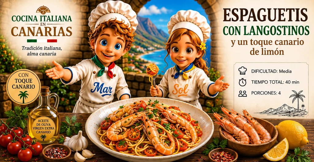Espaguetis con Langostinos y un toque canario de limón con los chefs Sol y Mar