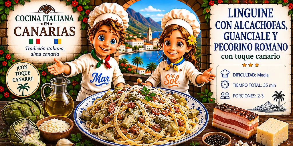 Linguine con Alcachofas, Guanciale y Pecorino Romano con toque canario con los chefs Sol y Mar
