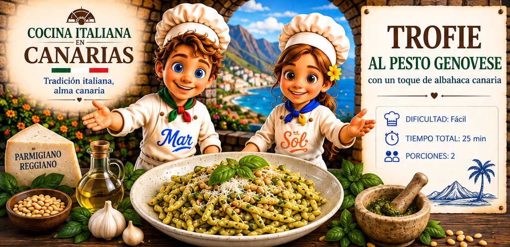 Trofie al Pesto Genovese con un toque de albahaca canaria con los chefs Sol y Mar